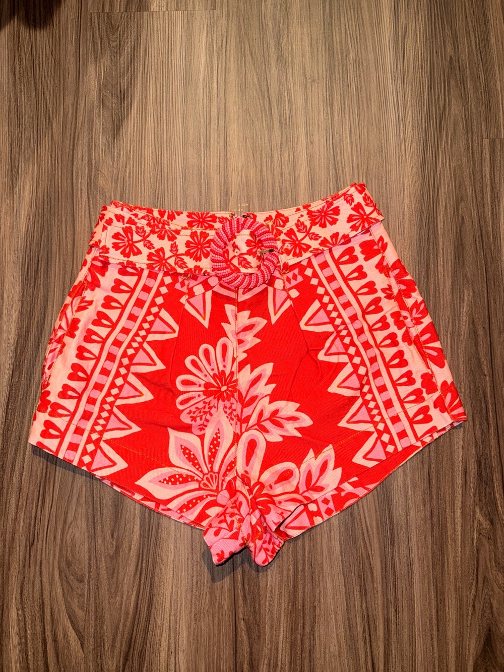 Farm Rio pink/red floral and geometric tapestry print shorts. 27